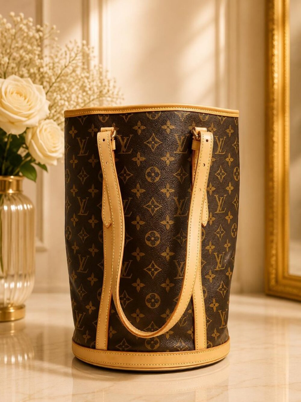 Authentic Louis Vuitton Monogram Bucket GM Shoulder Tote Bag Brown LV Handbag